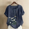 thumbnail image 5 of WREESH Womens Summer Cotton Linen Shirts Casual Round Neck Short Sleeve Flower Printing Loose Shirt Tops Navy, 5 of 5
