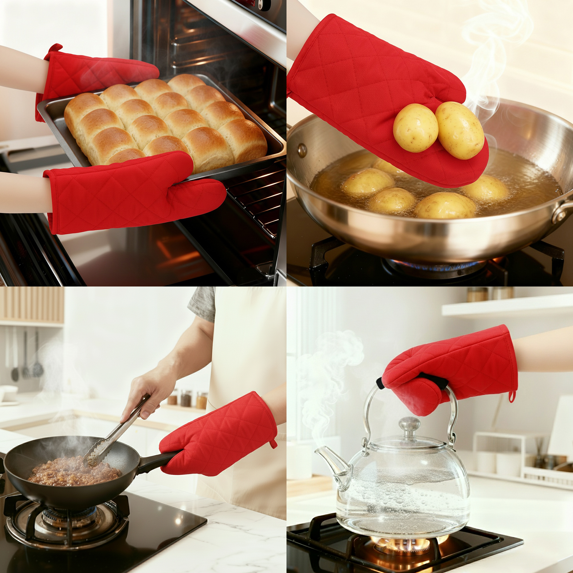 Unique Bargains Heat Resistant Cooking Gloves Thick Cotton Lining Red 10.6x6.7inch