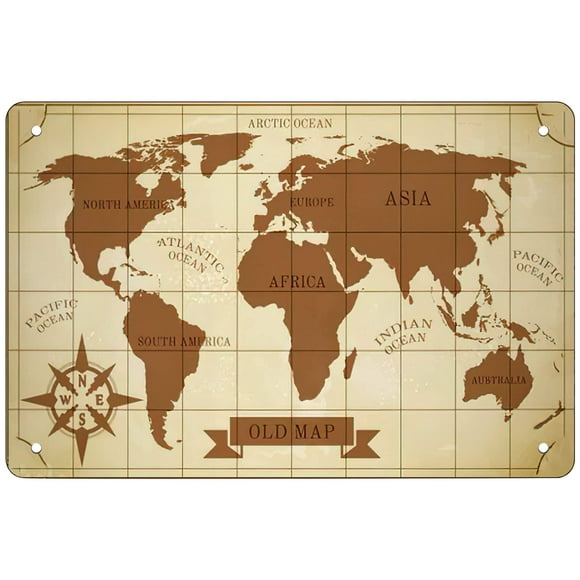 Retro Funny Metal Sign Sheet Signs Tin Sign,old Antique world map , 8 x 12 Inches