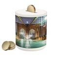 thumbnail image 1 of Landscape Piggy Bank, Brooklyn Bridge Pedestrian Walkway Before Sunrise American Landmark Picture, Ceramic Coin Bank Money Box for Cash Saving, 3.6" X 3.2", Purple Brown, by Ambesonne, 1 of 4