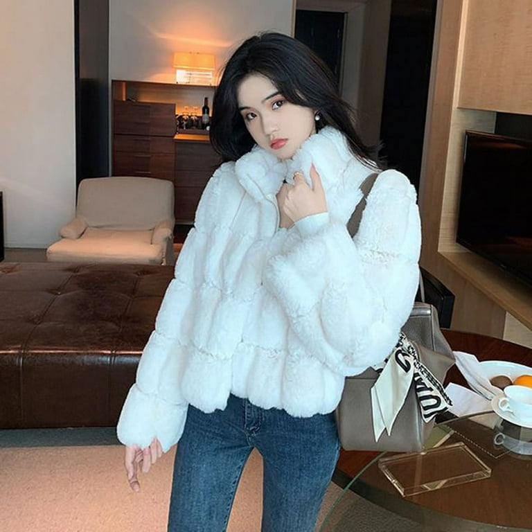 Danceemangoo Luxury Faux Rabbit Fur Coat for Women Korean Chic Short Zipper Faux Fur Jacket Ladies Winter Thick Warm Plush Jackets, Adult Unisex, Size