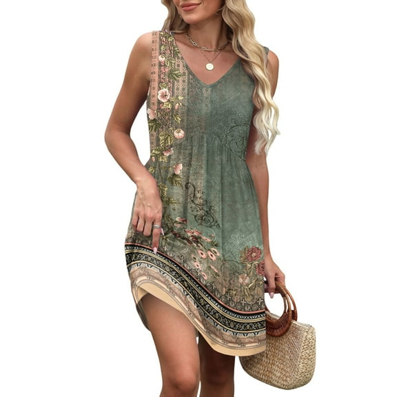 WTOBBY Women's Retro Floral Print Sleeveless V-Neck Casual Summer Dress with Splicing Design Beach Vacation Style for Pool Parties and Resort Events,Army GreenL