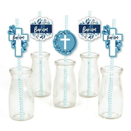 Elegant Straw - Baptism Blue Elegant Cross - Paper Straw Decor - Boy Religious Party Striped Decorative Straws - Set of 24