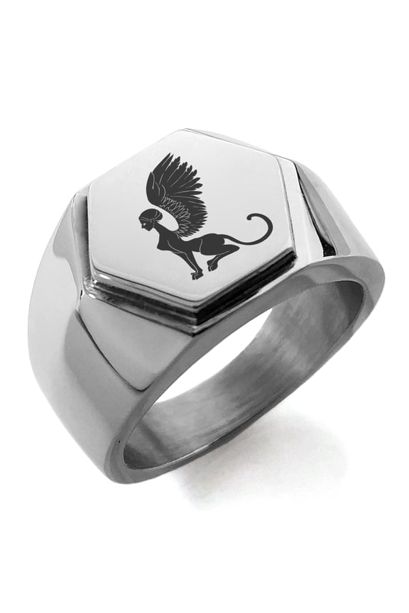 Stainless Steel Greek Mythology Shpinx Engraved Hexagon Crest Flat Top Biker Style Polished Ring