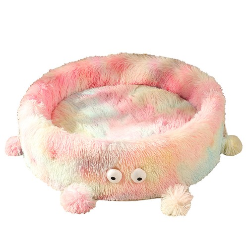Colourtree Cute Colorful Plush Cat Bed - Monster Design Fluffy Pet Bed with Pom Poms, Soft Warm Comfortable Nest for Indoor Cats, Ideal for Napping & Lounging