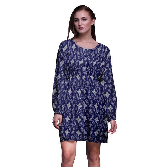 Bimba Robe Midi Boutonnée à Fleurs Bleues pour Femme Tunique à Manches Longues Haut Smocké-Petit