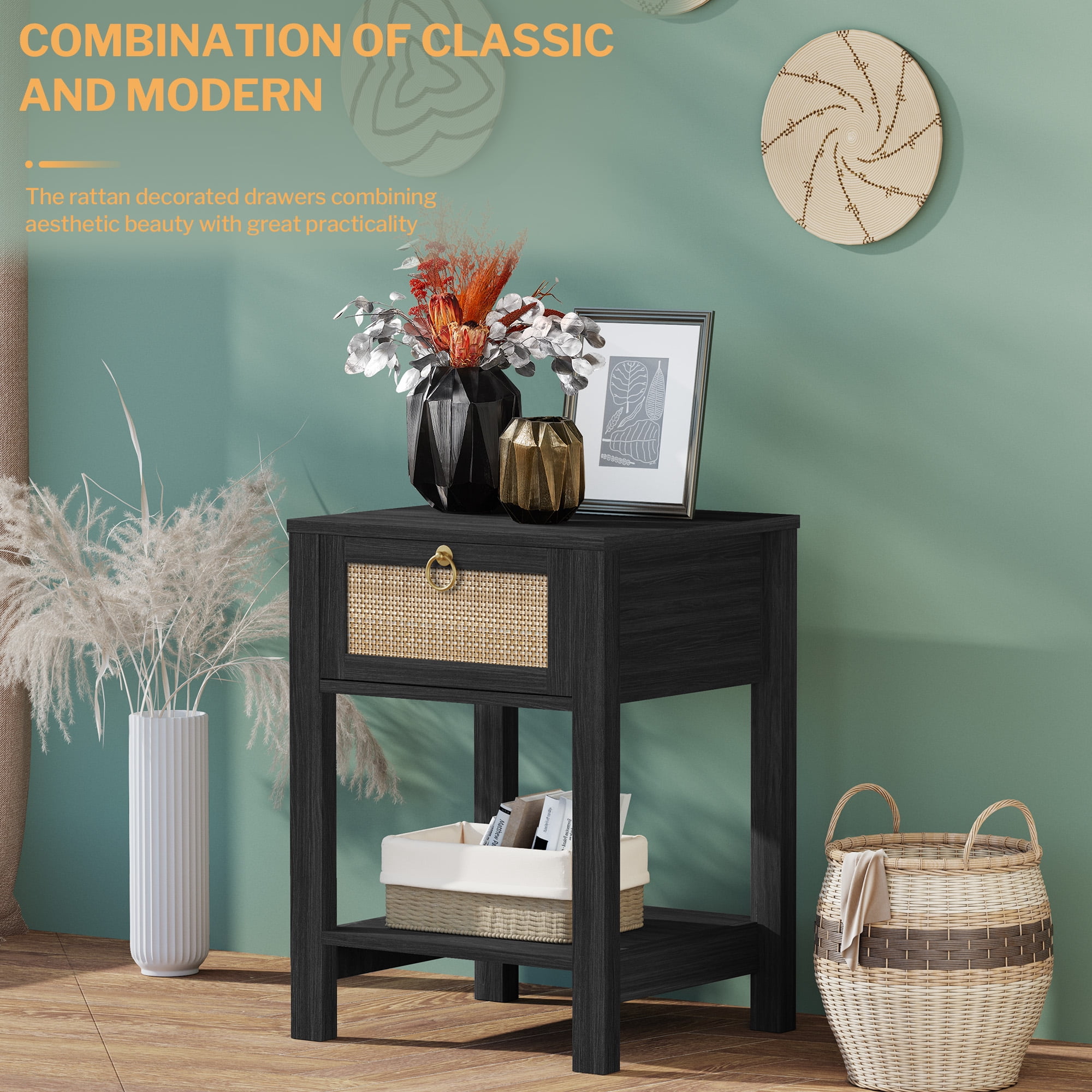 SICOTAS Rattan Nightstands Set of 2, Black Farmhouse Boho End Side Table with Drawers, Engineered Wood Accent Bedside Table for Bedroom, Living Room