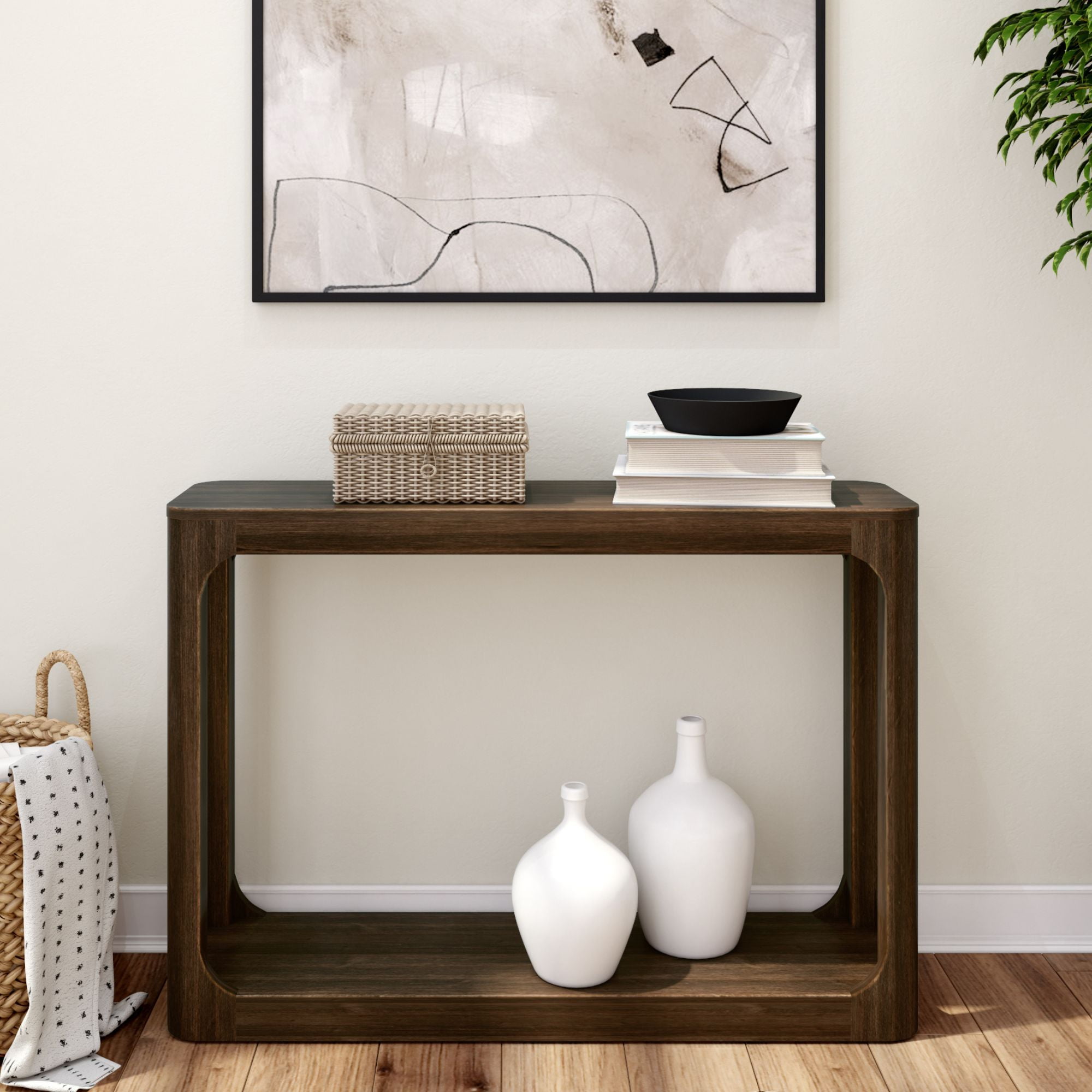 Plank+Beam 46" Forma Console Table, Solid Wood Rounded Edge Sofa Table with Storage Shelves, Narrow Entryway Table, Walnut