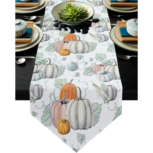 Cotton Linen Table Runners Watercolor Pumpkins It is Thanksgiving Halloween Recipe Fall Kitchen Dining Burlap Table Decoration for Home Party Decor 13 x 70 Inch