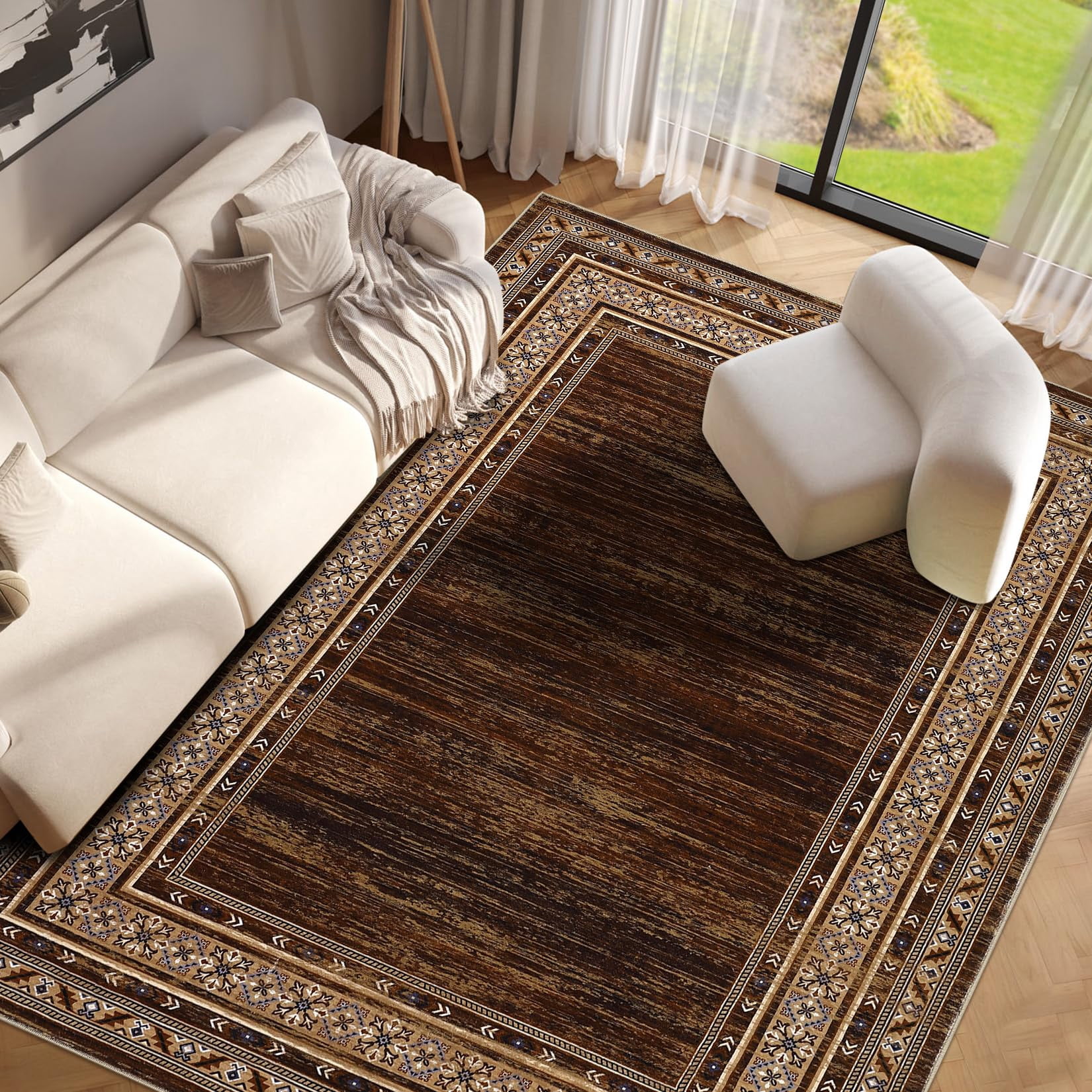 Washable 10x13 Area Rugs for Living Room Bedroom, Soft Large Modern Rugs, Ultra Thin Non Slip Accent Carpet for Dining Room, Low Pile Non Shedding Floor Cover Mat for Nursery Office, Red Brown