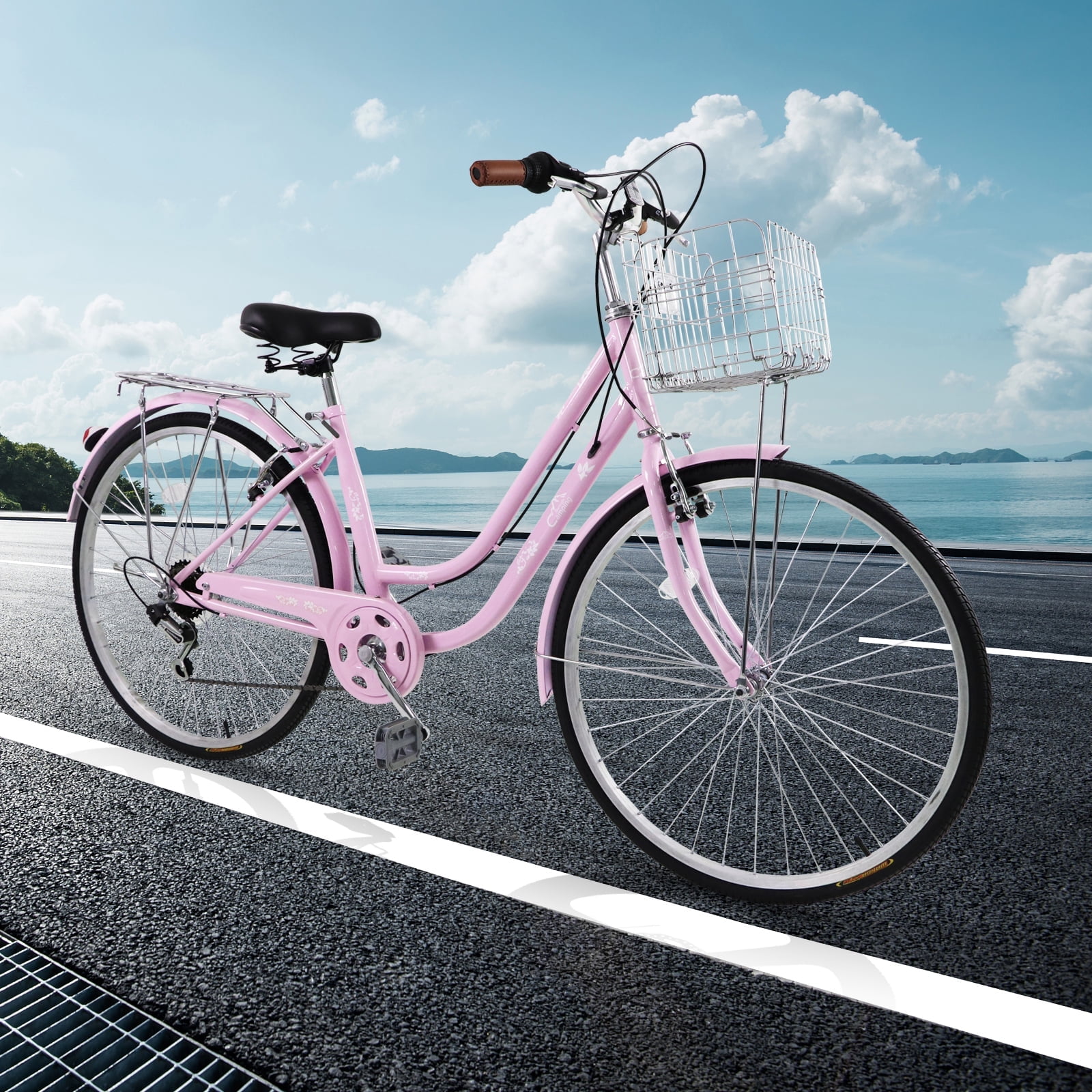 UBesGoo 26 inch Pink Commuter Bicycle, Shimano 7-speed