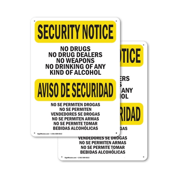 (2 Pack) No Drugs Dealers Weapons Bilingual OSHA Security Notice Sign 18 Inch X 24 Inch Plastic Sign, Weather Resistant, UV Protected for Workplace, Business, and Construction Site,