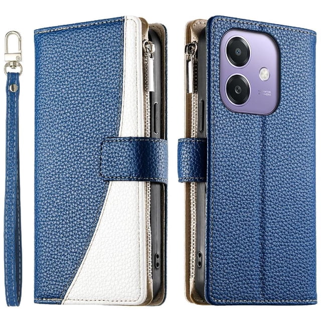 Funda cartera GANGXUN para OPPO A40 5G , cuero PU con tarjetero, cremallera, correa de mano, soporte y protección 382°