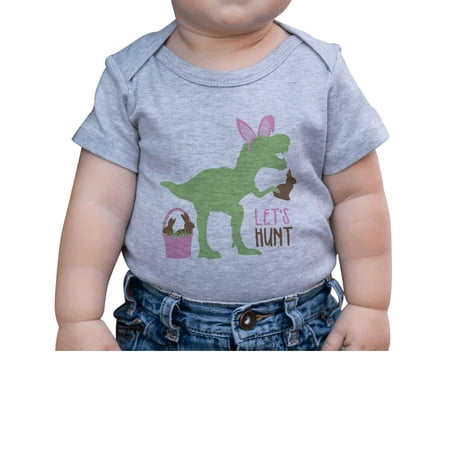

7 ate 9 Apparel Girls Happy Easter Shirts - Funny Dinosaur Bunny Hunt Grey Onepiece 12-18 Months