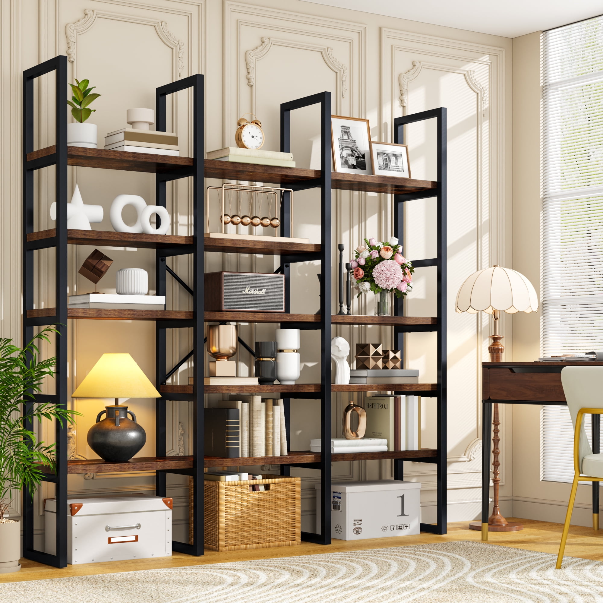 ModFurne Large Bookshelf 5 Tiers, Triple Wide Geometric Bookcase, 71 Inches Tall Industrial Book Shelves Etagere Book Case, Brown