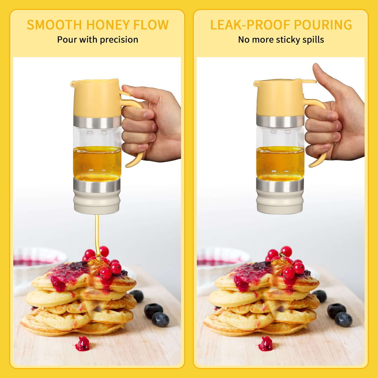 Honey Dispenser No Drip with Base, 11.83OZ Glass Honey Jar pot with Handle, Syrup Dispenser for Coffee or Tea, Mess Free Honey Dispenser for Honey and Syrup, Honey Container