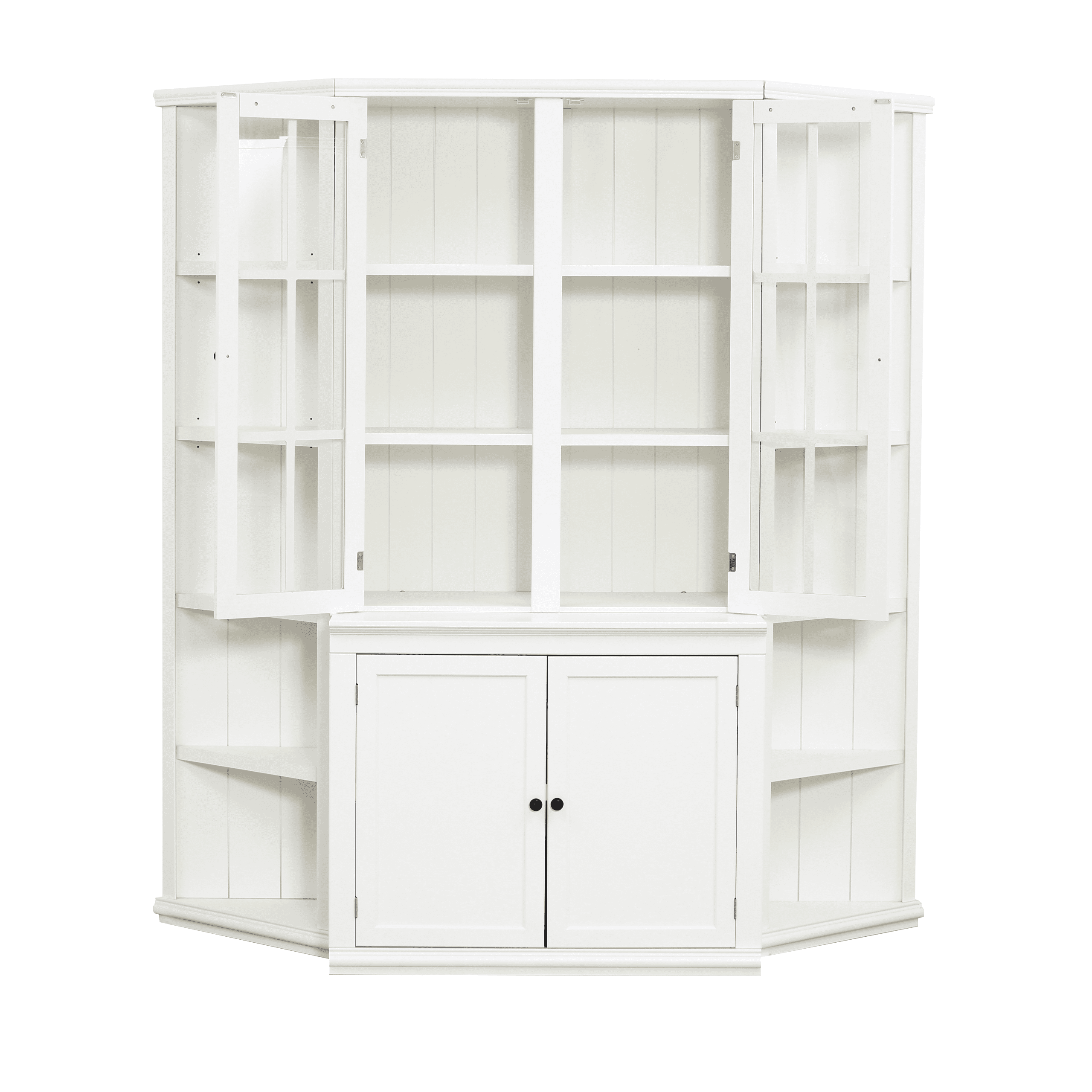 Euroco 75.25'' Tall Display Cabinet and Two Triangle Sided Bookshelves, 69.25'' Wide Retro Style Wall Suit with Glass Doors, for Hallways, Living room, Office, Studio or Workspace - White