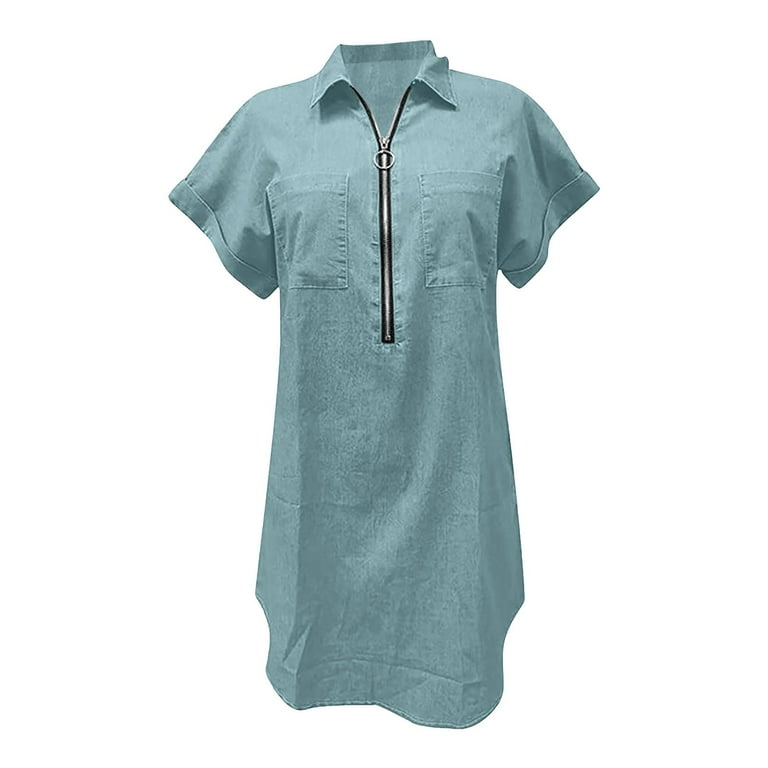 Women's Short Sleeve Denim Shirt Short Dress, Half Zip Tunic Jean Dress  with Pockets Semi Formal Dresses for Women 2025 Light Blue M - Walmart.com