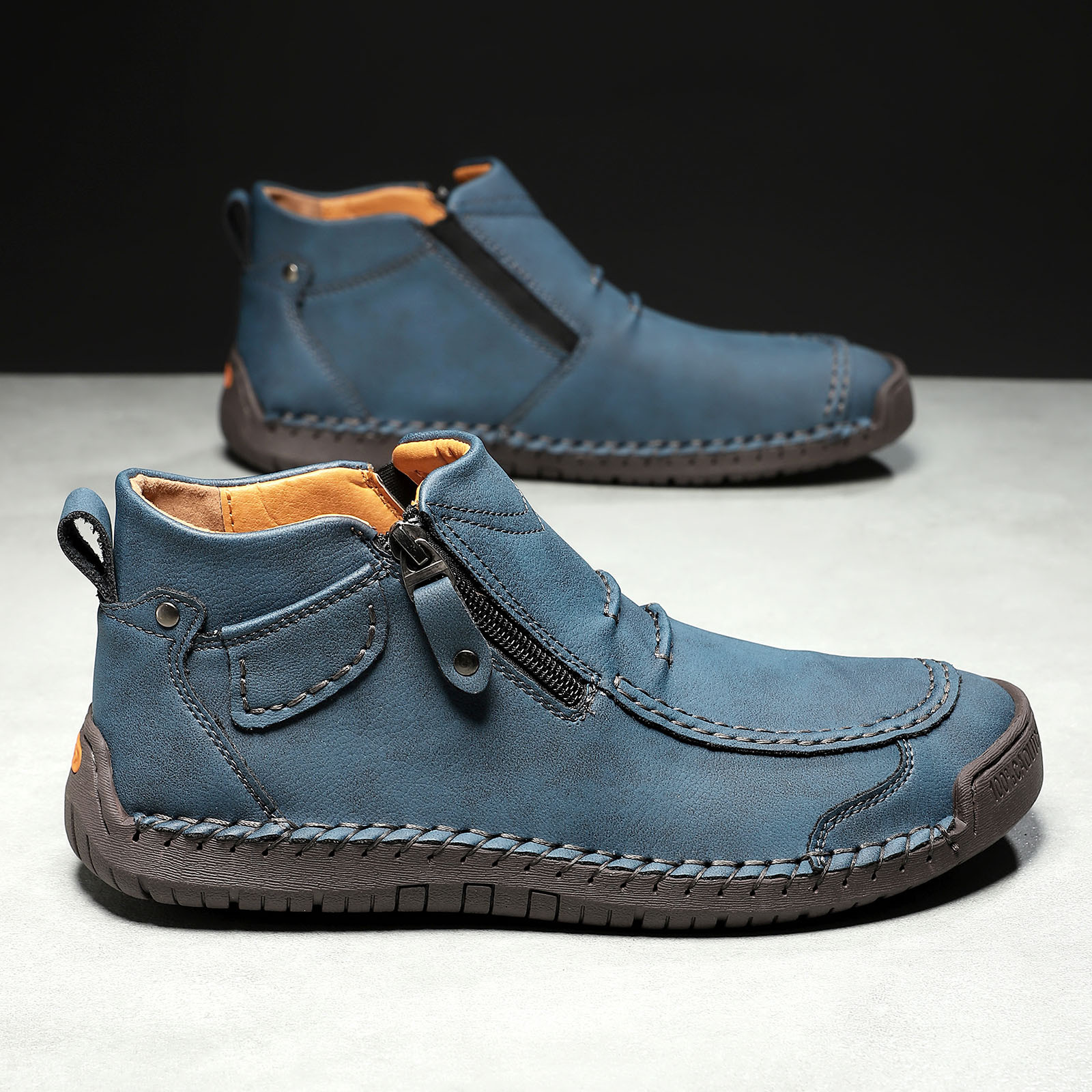 Menâs -On Orthopedic Leather Boots,Menâs Handmade Leather -On Driving Boots,Men Side Zipper Orthopedic Shoes for Driving Hiking