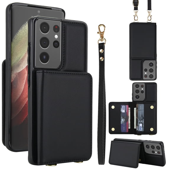 Allytechgroup Wallet Case for Samsung Galaxy S21 Ultra, Built-in Card Holder & Shoulder Strap & Wrist Strap Slim Shockproof Protective Full Body Cover Bumper for Samsung Galaxy S21 Ultra, Black