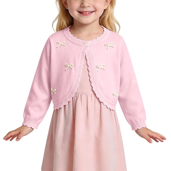 Girls Pink Cropped Cardigan with Bow Appliqué – Kids Ruffle Trim Knit Bolero Shrug for Kids Little Girl,Size 2-3T