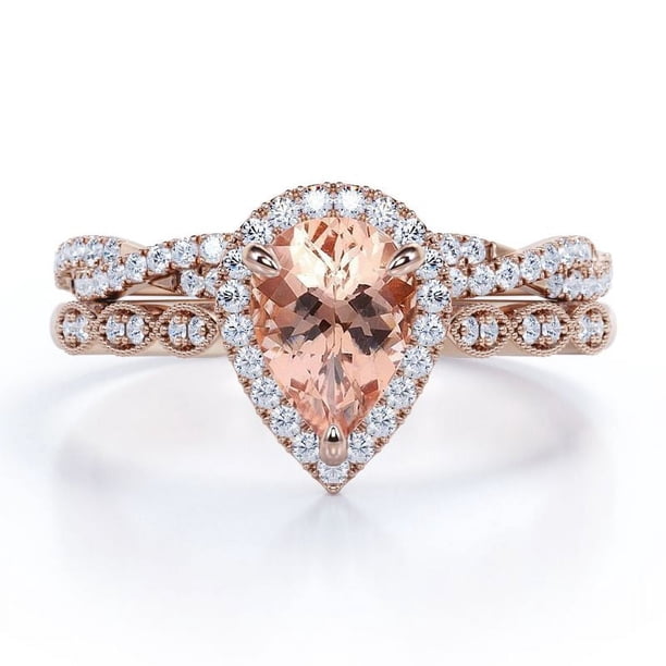 JeenMata Conjunto de Boda con Halo Pavé Cruzado de Filigrana Art Déco Morganita y Moissanita en Forma de Almendra de 1,5 Quilates, Chapado en Oro Rosa de 18 K sobre Plata