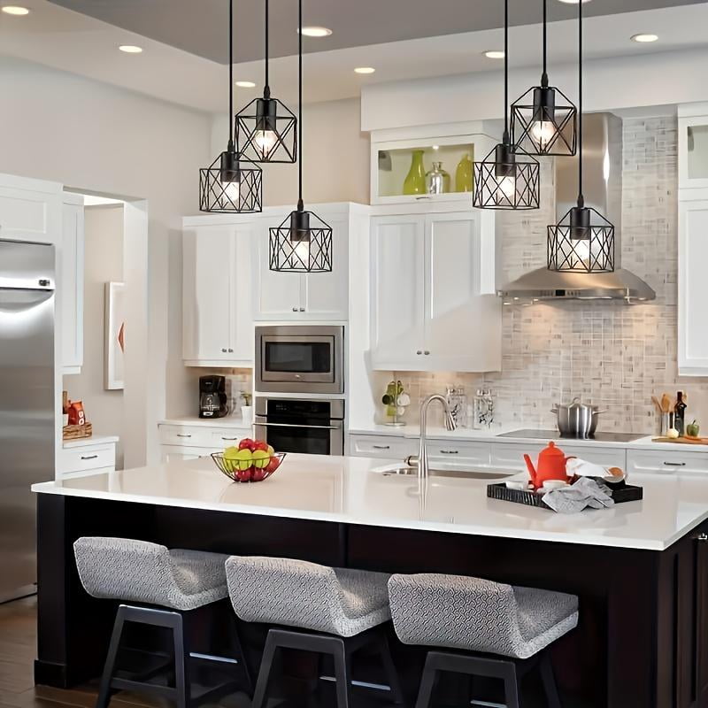 3-Light Pendant Light Fixtures, Farmhouse Kitchen Island Light Fixture, Industrial Hanging Pendant Lighting for Dining Room Bedroom, Black Metal Cage Pendant, E26 Base, Bulbs Not Included