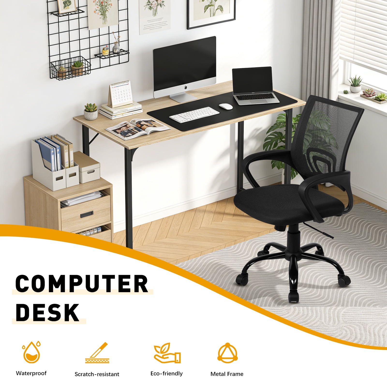 Dkelincs 40 inch Computer Desk and Chair Set Home Office Modern Wood Study Desk & Mesh Ergonomic Height Adjustable Office Chair for Small Spaces, Nature & Black