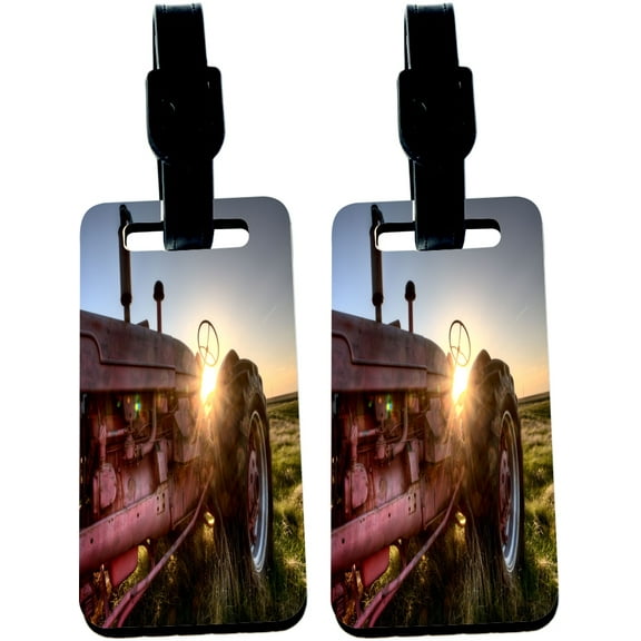 Hardboard Luggage Identifier Tags with Strap - Tractor at Sunset Golden Sunshine in Field (x2)