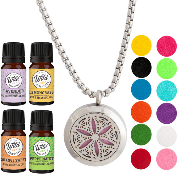 Wild Essentials Flower of Life Necklace Essential Oil Diffuser Kit With Lavender, Lemongrass, Peppermint, Orange Oils, 8 Refill Pads, Calming Aromatherapy Gift Set, Customizable Color Changing, Perfum