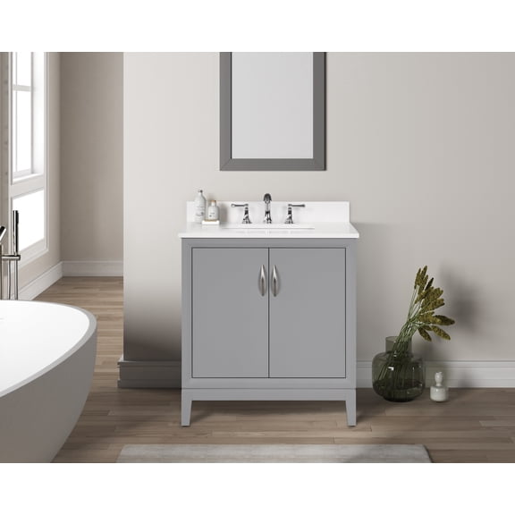 Luton 30" Single Bathroom Vanity with White Quartz Top, Sink & Backsplash. 31" W x 22" D x 34.5" H. Modern Gray. Solid Wood. Pre-Assembleb. 2 Soft-Closing Doors & 1 Drawer. Adjustable Feet.