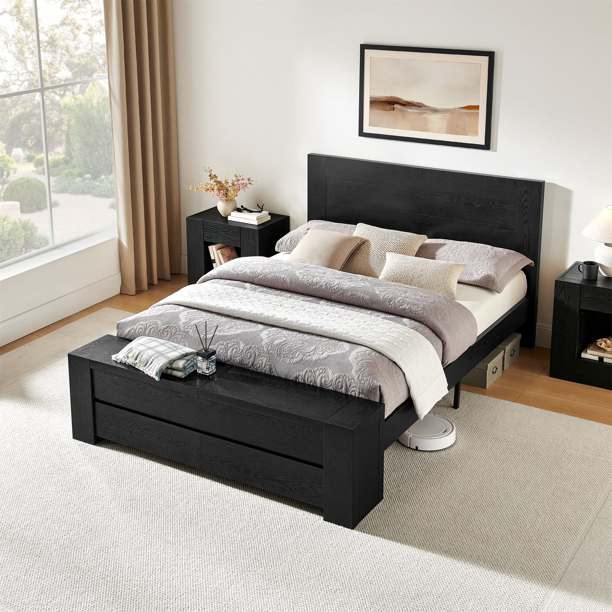 KeyWhat Modern Queen Size Storage Bed Frame with Panel Headboard, Footboard Storage Bench, Built-In Drawers, Lift-Up Compartments, No Box Spring Needed, Black Oak