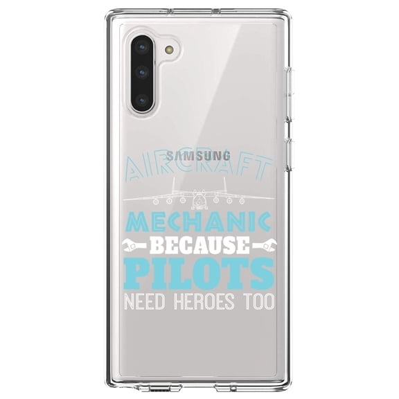 DistinctInk Clear Shockproof Hybrid Case for Samsung Galaxy Note 10 (6.3" Screen) - TPU Bumper Acrylic Back Tempered Glass Screen Protector - Aircraft Mechanic Pilots Need Heroes Too