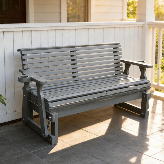 5FT Outdoor Glider with Cupholders, High Roll Back, 3-Seater Glider Chair, Outdoor Glider  with 800 LBS Capacity for Backyard, Porch, Balcony, Grey