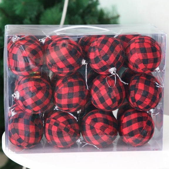 24 Pcs Christmas Ball Buffalo Plaid Christmas Ornaments Fabric Ball Ornaments Christmas Tree Hanging Ornament for Xmas Party, 2.75" in Dia, Red and Black