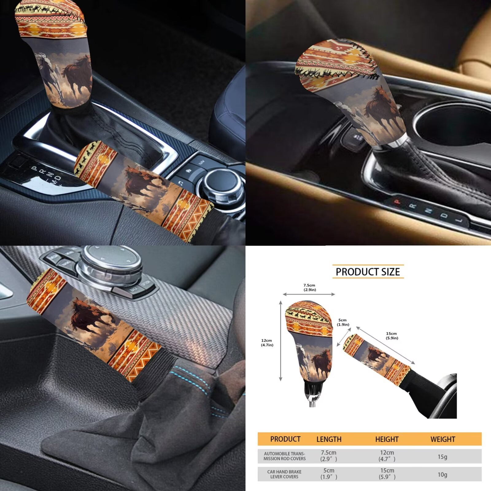 Garronmavis Aztec Three Horse Car Seat Covers Full Set Universal Seat Covers for Cars with Cars Headrest Protectors+Wristlet Keychain+Auto Cup Coaster+Handbrake Gear+Shift Knob Cover
