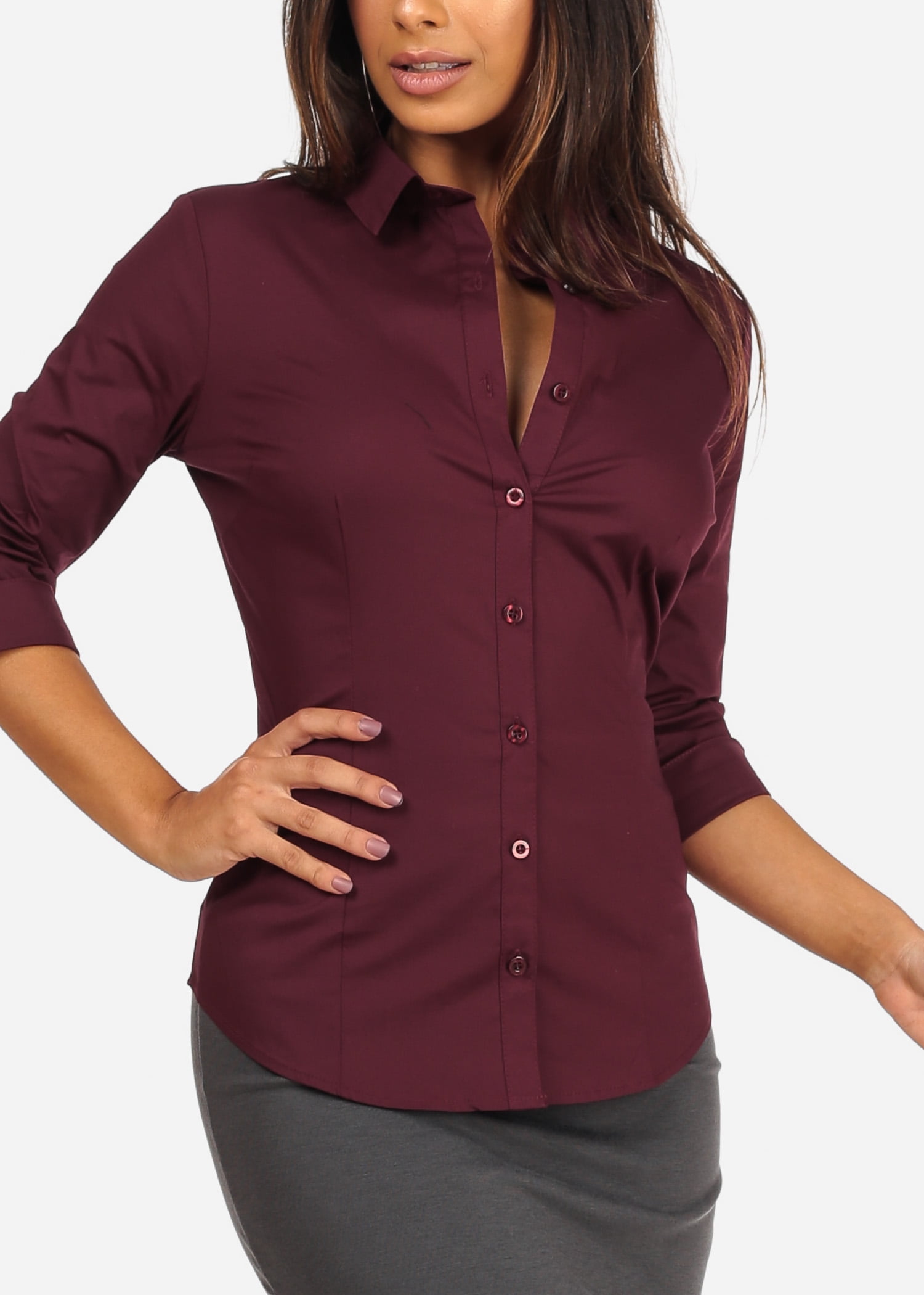burgundy button up shirt womens