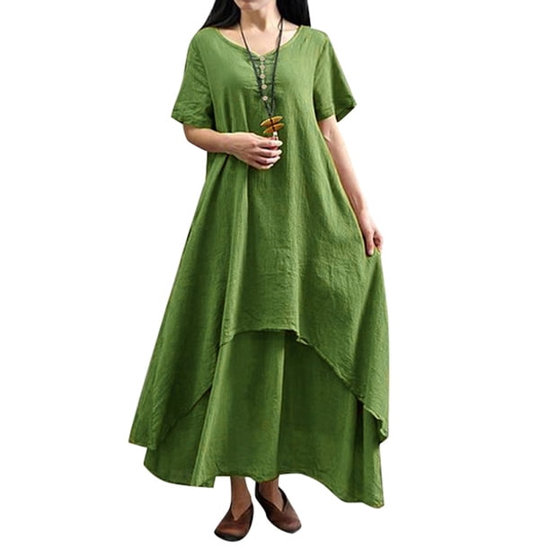 Nueva moda mujer vestido flojo ocasional del color sólido de manga corta boho summer maxi vestido la Abanopi Verde oscuro 3X-Large