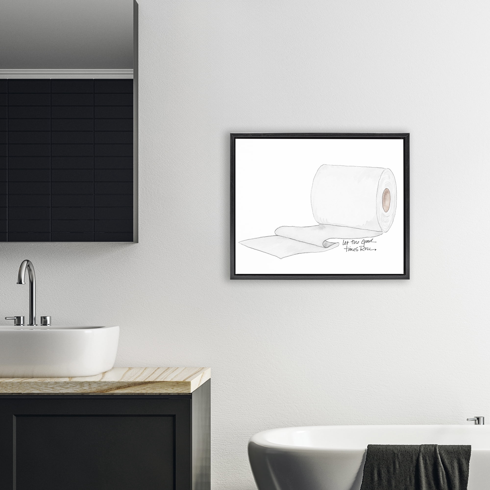 Stupell Industries Good Times Roll Toilet Paper Black Framed Floater Canvas Wall Art, design by Nola James