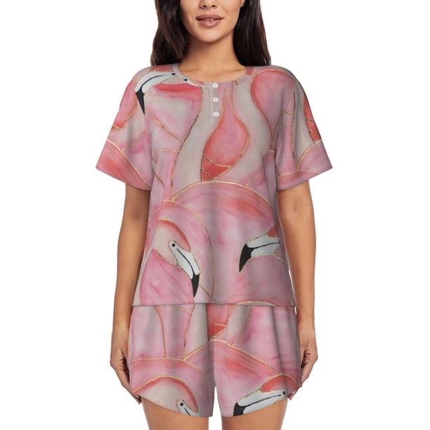 Fotbe Flamingos Conjunto de Pijama Estampado para Mujer, 2 Piezas, Ropa de Dormir con Camiseta de Manga Corta y Shorts Suaves-Small