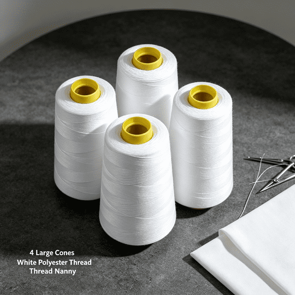TUWAFE 4 Large Cones (3000 Yards Each) of Polyester Threads for Sewing Quilting Serger White Color