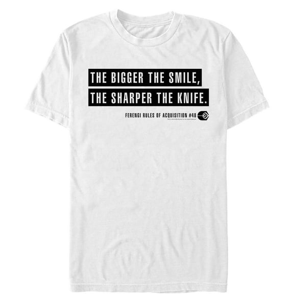 Men's Star Trek: Deep Space Nine Ferengi Rules Bigger Smile Sharper Knife Graphic Tee White Medium