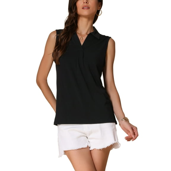 INSPIRE CHIC Sleeveless Top for Women V Neck Loose Shirt Solid Collar Polo Shirts Casual Top M Black