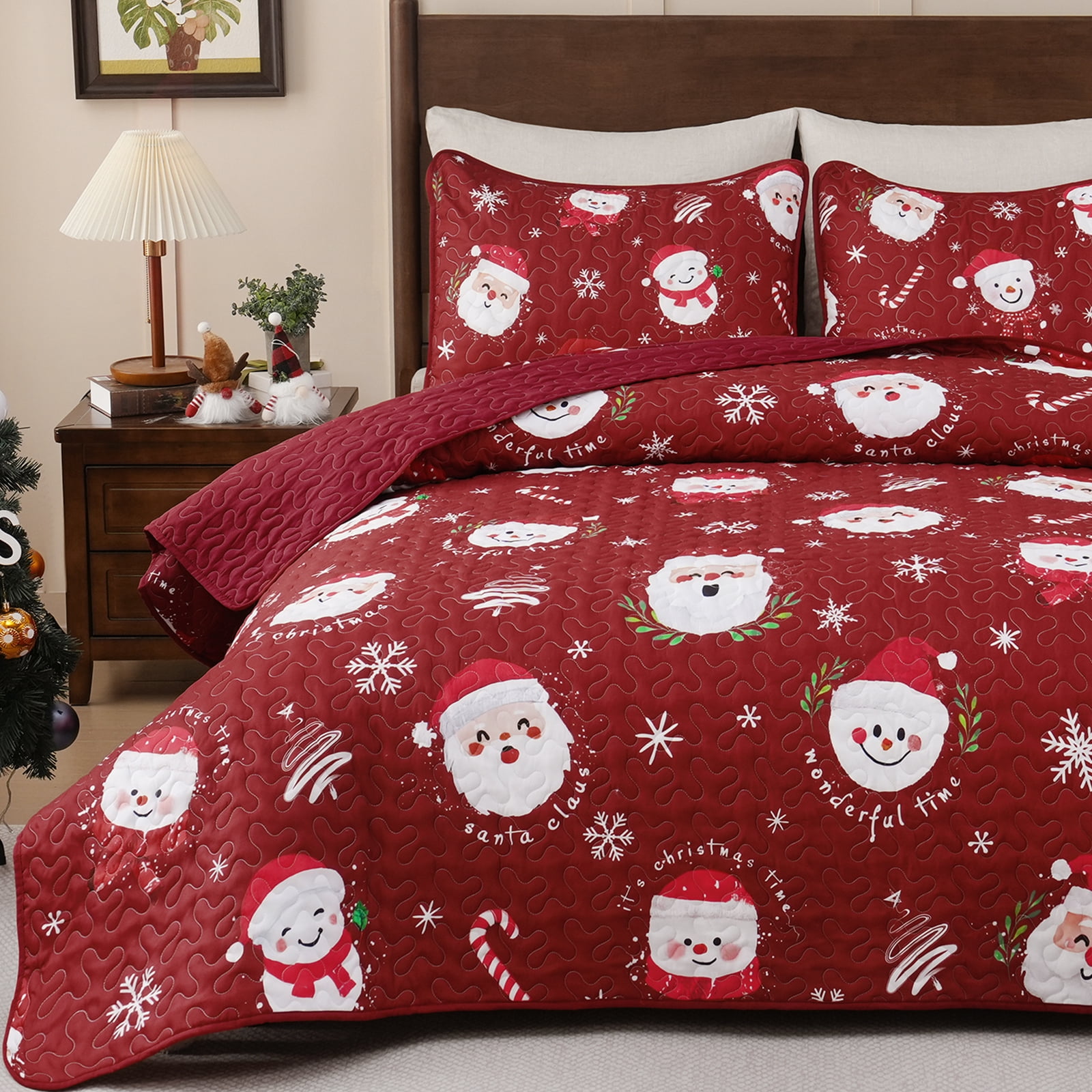 BLEUM CADE Christmas Quilts Queen Size 3 Piece, Santa Claus & Snowflake Quilt Bedding Set, Christmas Decor Soft Lightweight Bedspread Coverlet Set (1 Quilt, 2 Pillow Cases)
