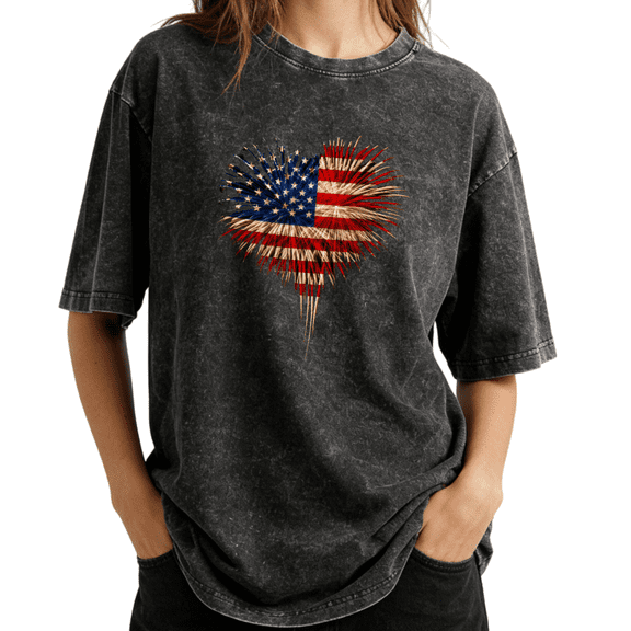 UNISHE Retro USA Flag Heart Fireworks Wash Print Tshirt S-2XL Acid Washed Black Graphic Tees Casual Shirts for Patriotic Tops