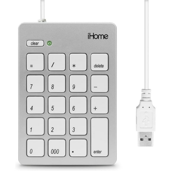 iHome Wired USB Numeric Keypad, Slim 20-Key Numpad for Laptops, Desktop Computers, Compact & Portable, Silver