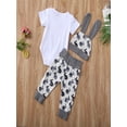 thumbnail image 3 of Gureui 3PCS Toddler Infant Girl Boy Easter Romper Suit, Letter Short Sleeve Snaps Romper + Bunny Printed Long Pants+Long Knot Beanie Hat, 3 of 10