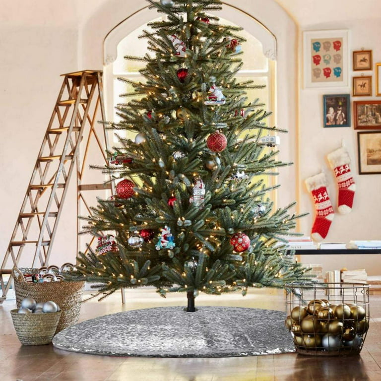 NOGIS Silver Christmas Tree Skirt with Sequin Faux Fur, 36 Inch Tree Skirts  for Christmas Decorations Home Indoor Tree Base Cover Mat Holiday Decor 