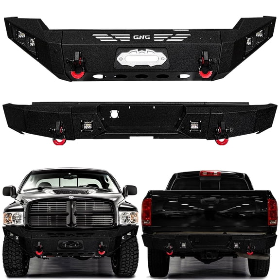 Compatible with  2003-2004-2005 Dodge Ram 2500/3500 Front and Rear Bumper Textured Black Steel with 6xLight and 2xD-rings
