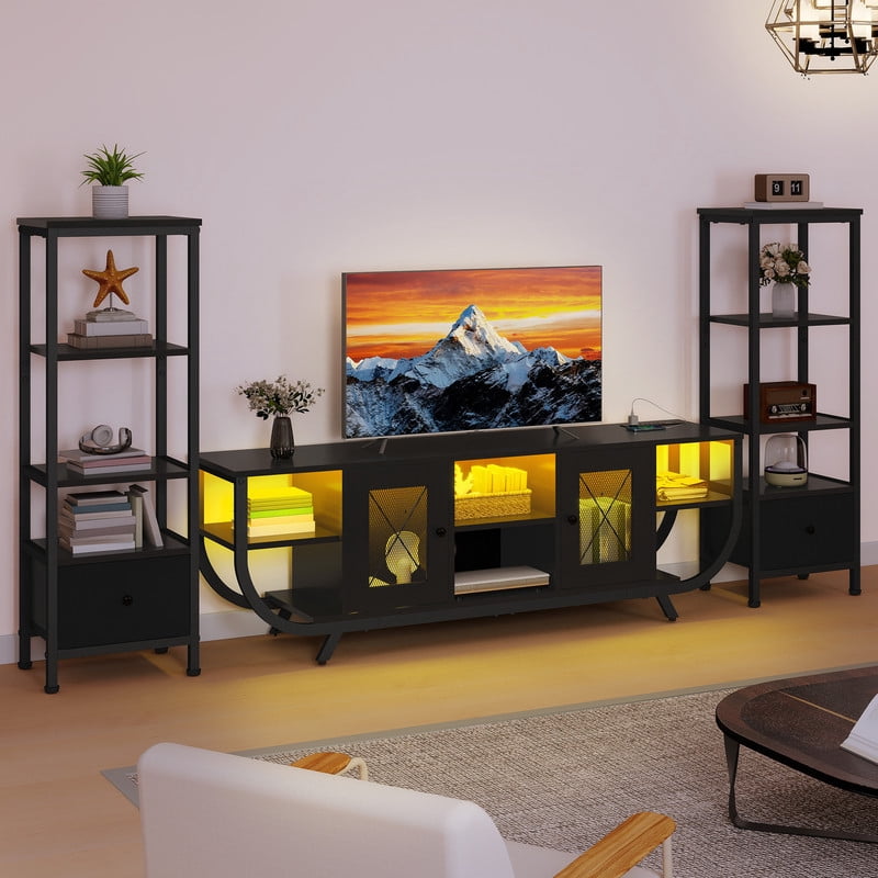 Uforic TV Stand for TVs up to 65", LED Entertainment Center with Bookshelf & Power Outlet & Fabric Drawer, Black